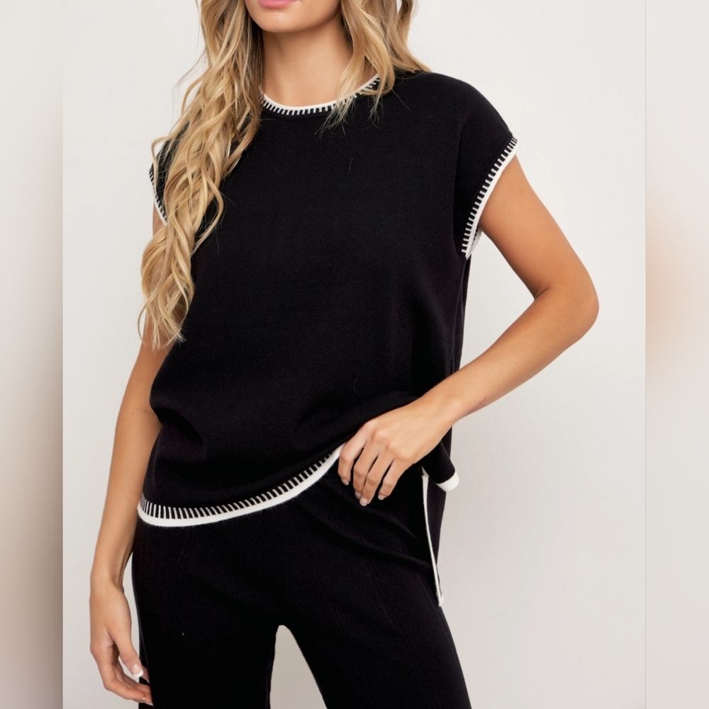 #51587 🛑L HIGH END Knit Sleeveless Top & Pants Set w/ Contrast - Picture 3 of 6